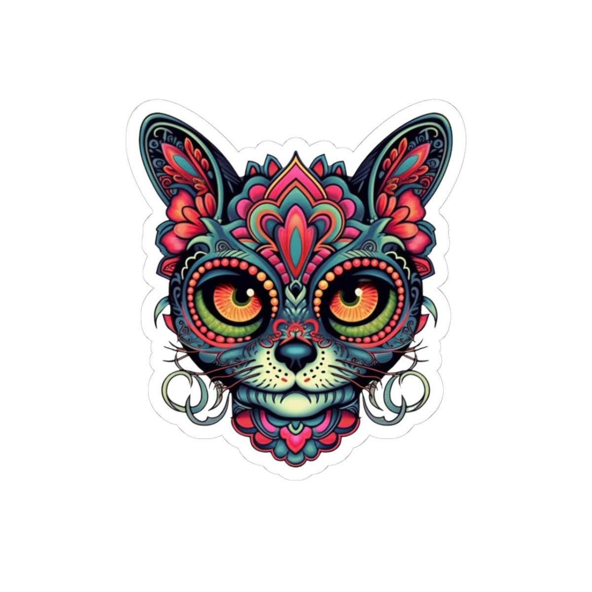 Psychedelic Cat Sticker | Mandala Floral Feline Art Vinyl Decal (Waterproof)
