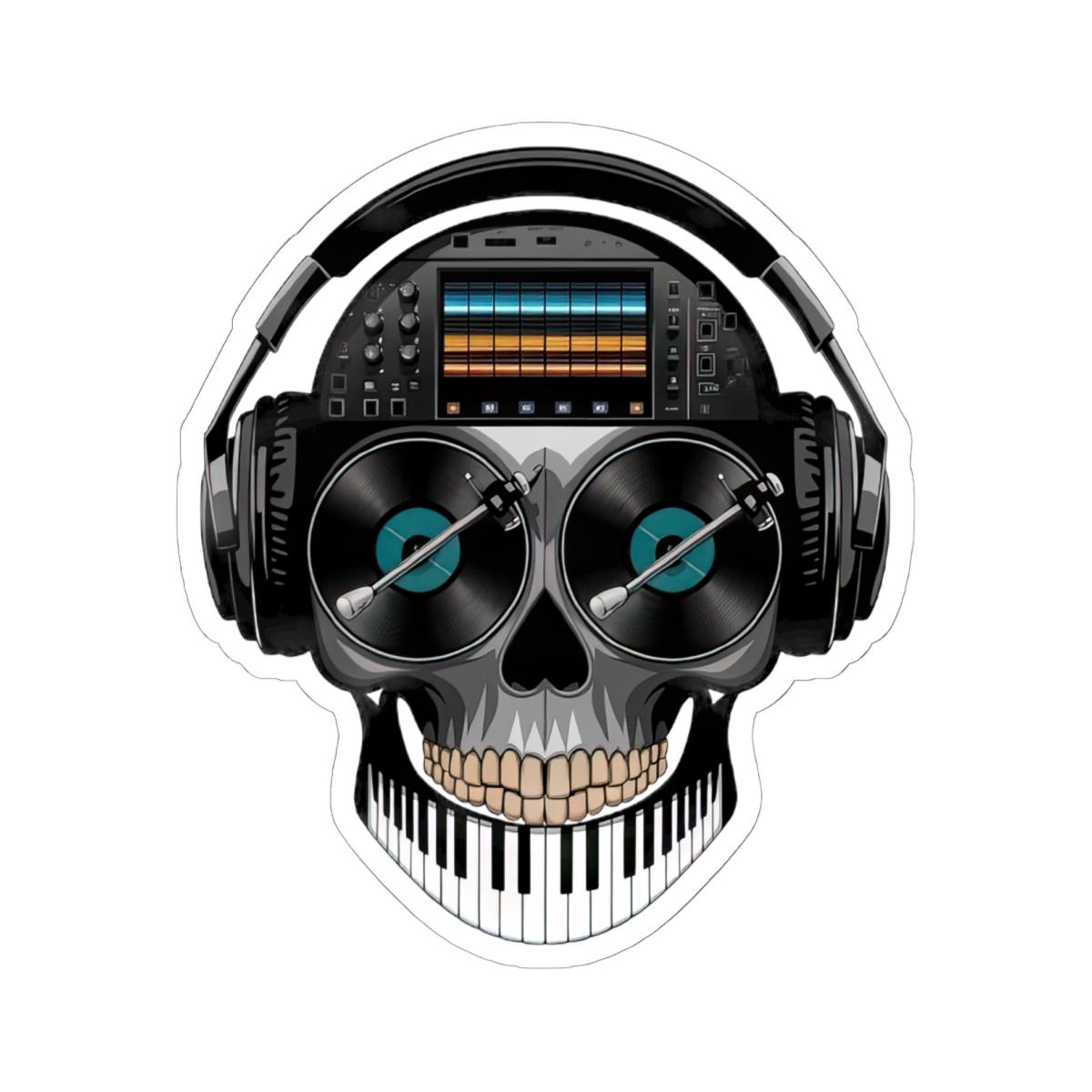DJ Skull Sticker | Turntables, Headphones, Mixer, Piano Teeth (Waterproof Vinyl)