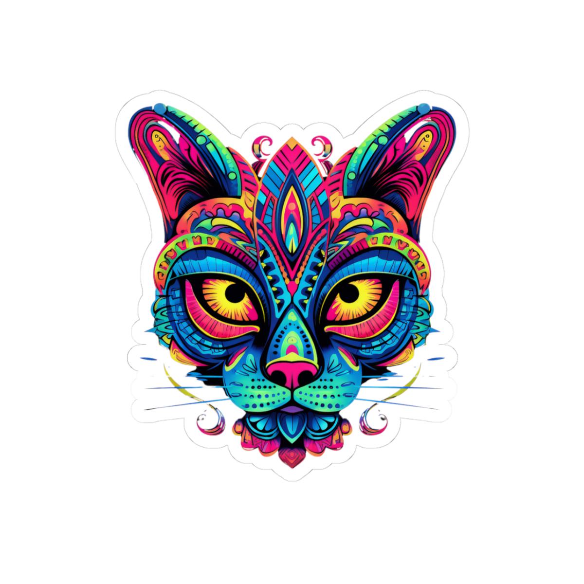 Psychedelic Cat Sticker | Rainbow Mandala Art, Trippy Neon Feline Vinyl Decor