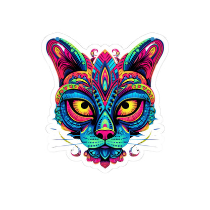 Psychedelic Cat Sticker | Rainbow Mandala Art, Trippy Neon Feline Vinyl Decor