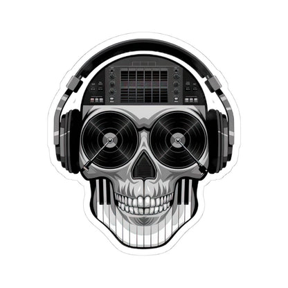 DJ Skull Sticker | Grayscale Vinyl Decal with Headphones, Records, Piano Keys