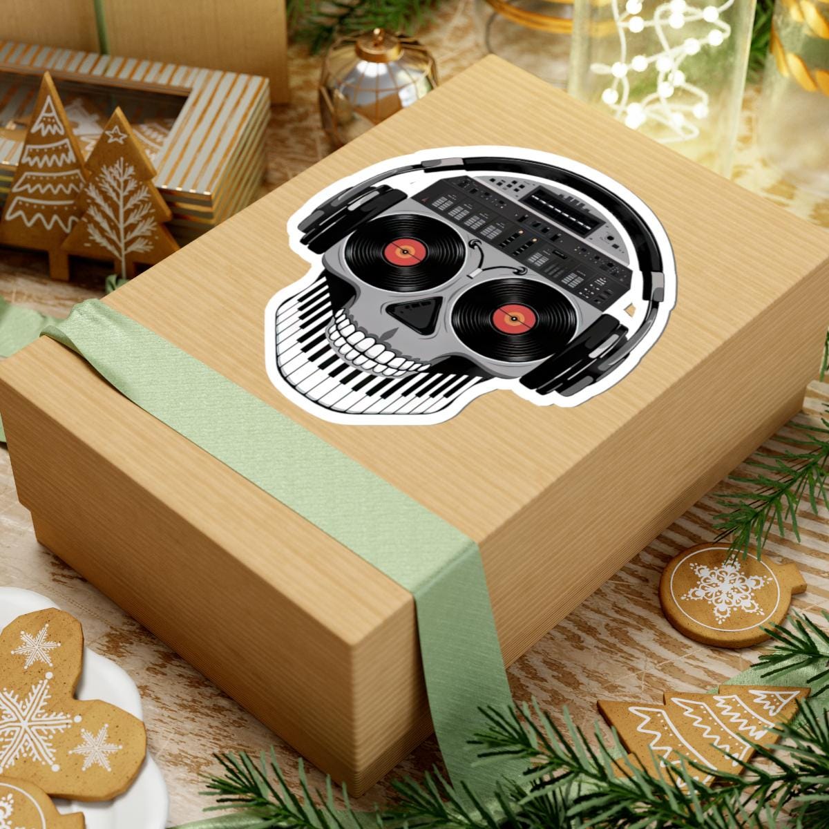 DJ Skull Sticker | Vinyl Eyes, Headphones, Piano Teeth (Kiss Cut Decal)