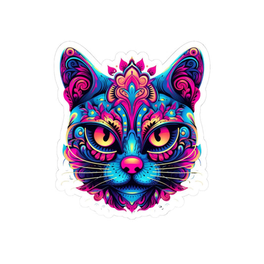 Psychedelic Cat Sticker | Neon Trippy Feline Vinyl Decal, Boho Rainbow Art (Waterproof)