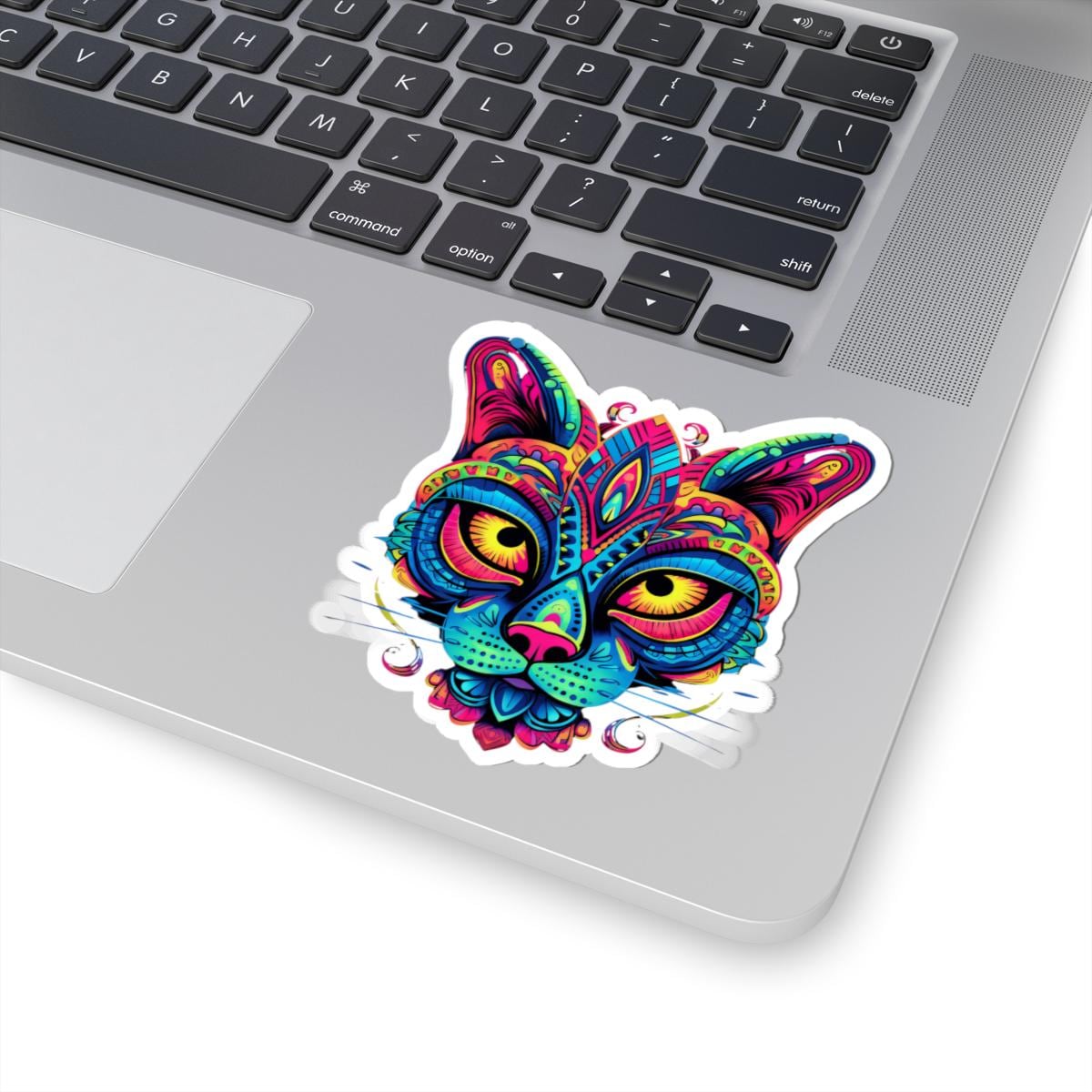 Psychedelic Cat Sticker | Rainbow Mandala Art, Trippy Neon Feline Vinyl Decor