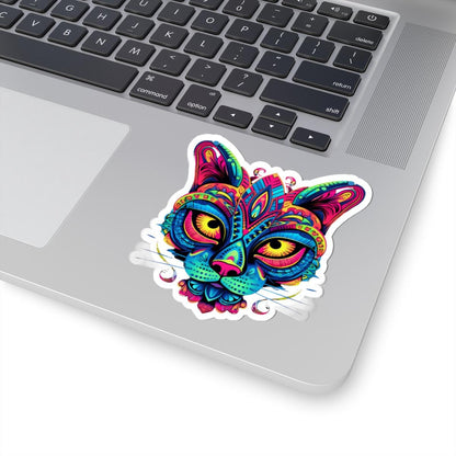 Psychedelic Cat Sticker | Rainbow Mandala Art, Trippy Neon Feline Vinyl Decor