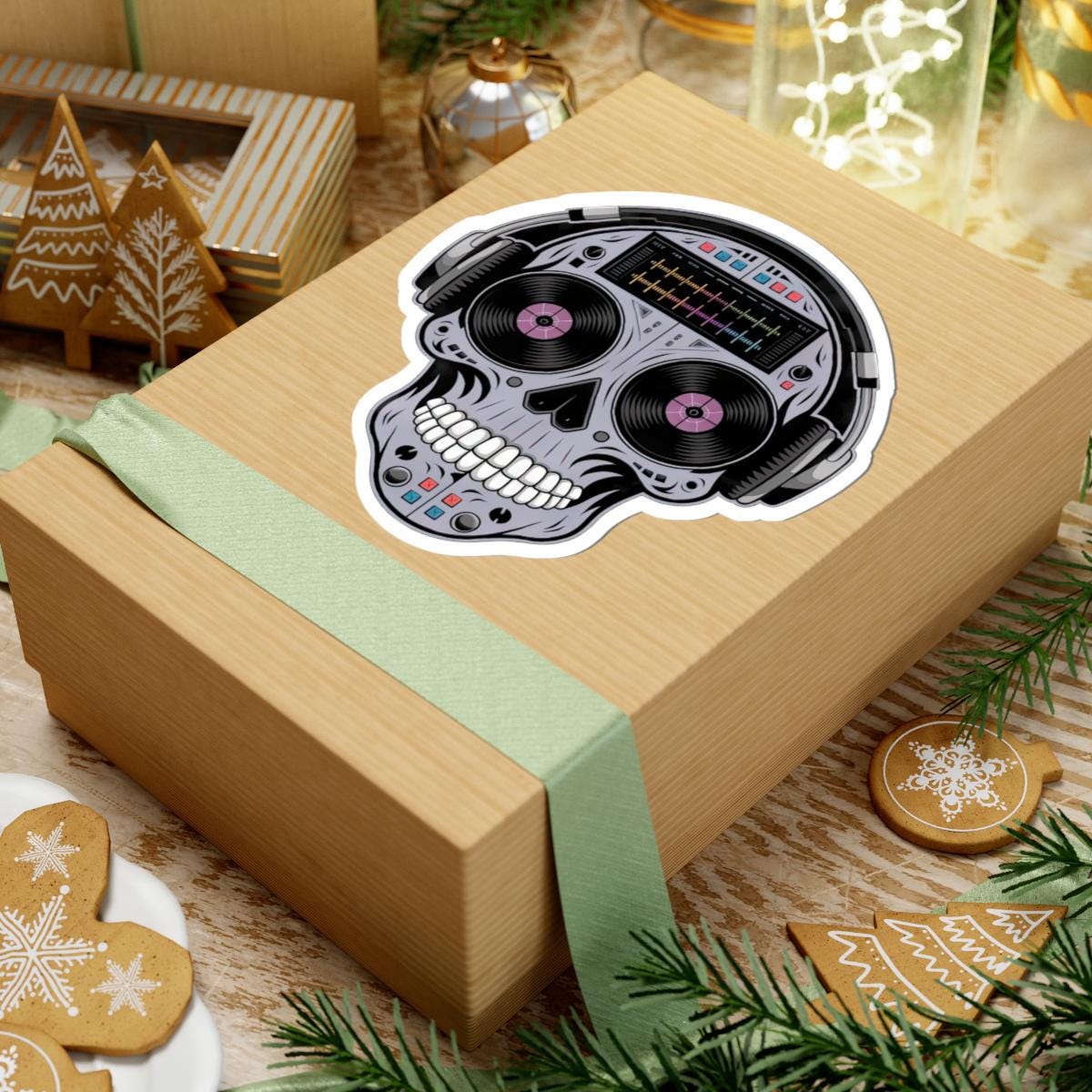 DJ Skull Sticker | Headphones, Turntable, Vinyl Record Art (Glossy)