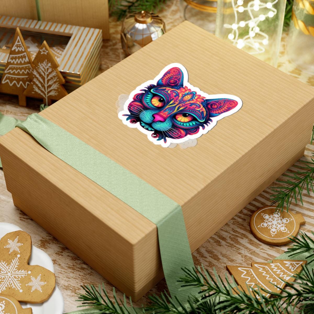 Trippy Cat Sticker | Psychedelic Neon Floral Vinyl Decal (Laptop Art)