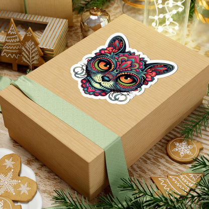 Psychedelic Cat Sticker | Mandala Floral Feline Art Vinyl Decal (Waterproof)