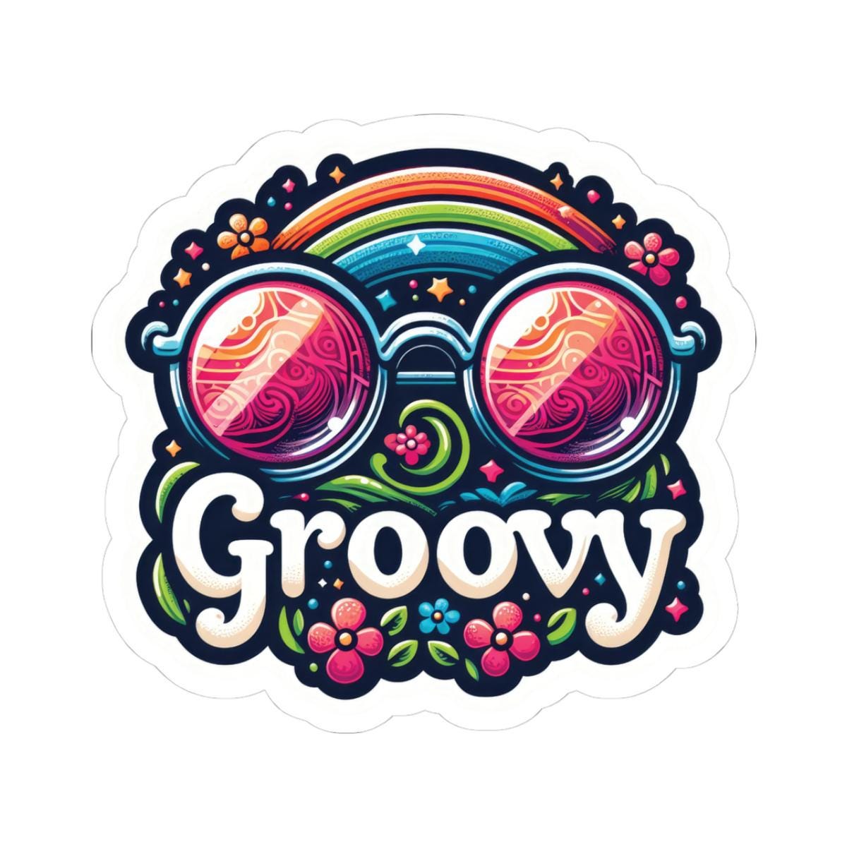 Groovy Retro Sticker | Rainbow Sunglasses, Flowers, 70s Vibes Vinyl Decal