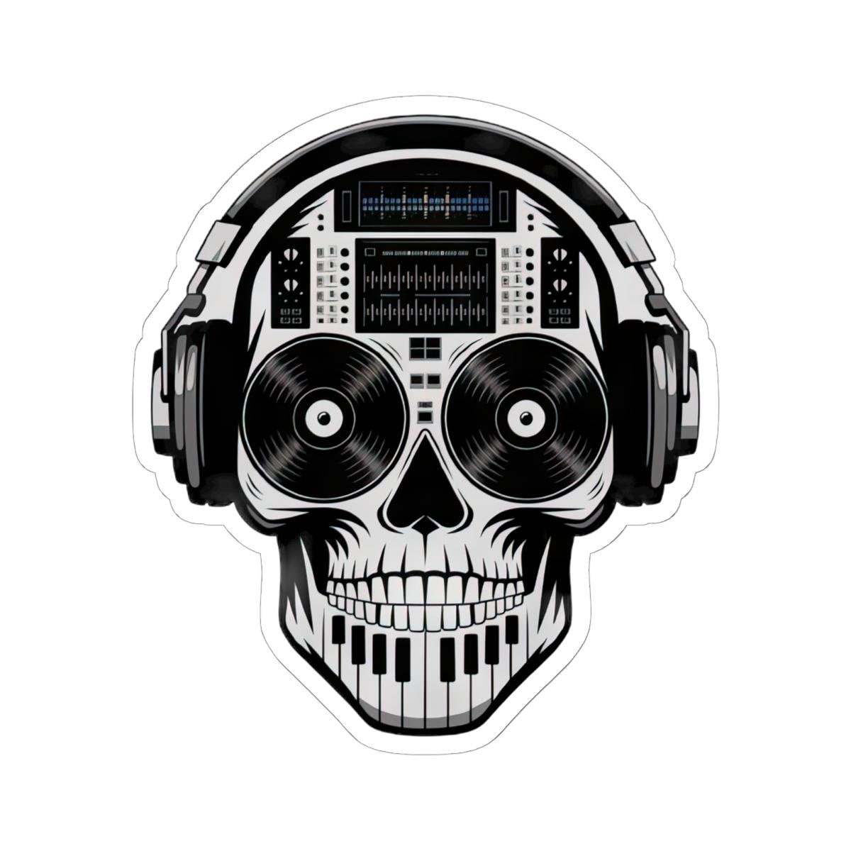 DJ Skull Sticker | Waterproof Vinyl Decal with Headphones, Turntable, Piano Keyboard
