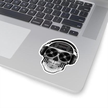 DJ Skull Sticker | Grayscale Vinyl Decal with Headphones, Records, Piano Keys