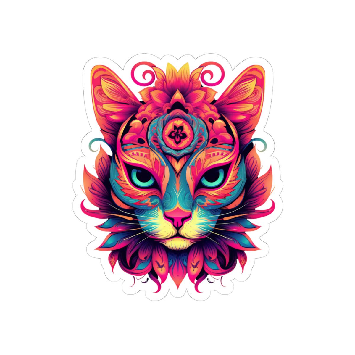 Psychedelic Cat Sticker | Vibrant Floral Trippy Vinyl Decal (Waterproof)