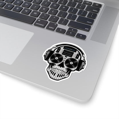 DJ Skull Sticker | Waterproof Vinyl Decal with Headphones, Turntable, Piano Keyboard