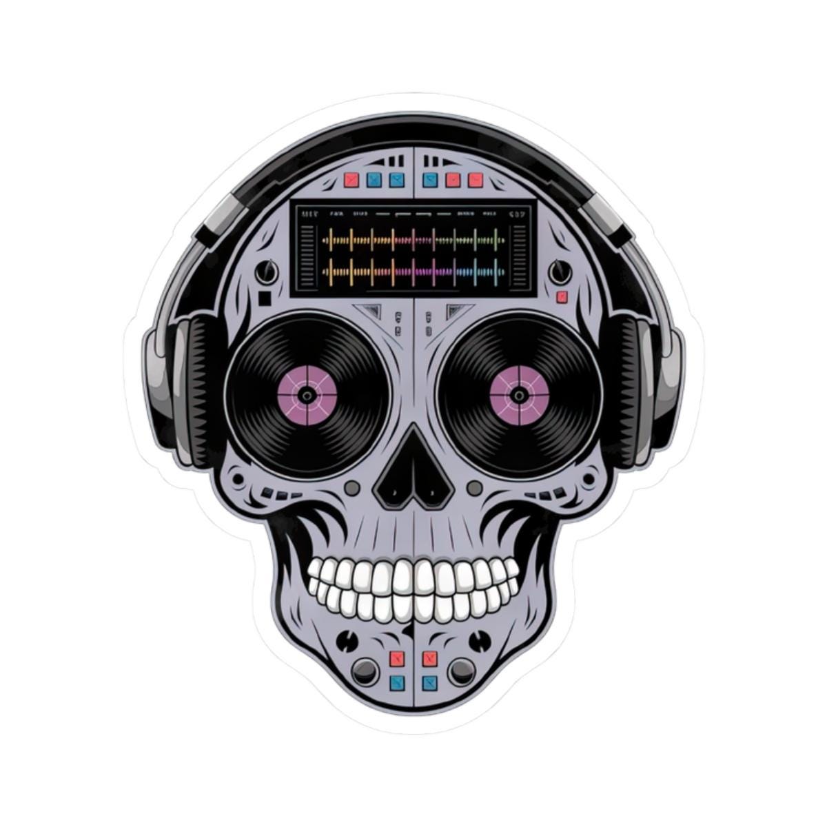 DJ Skull Sticker | Headphones, Turntable, Vinyl Record Art (Glossy)