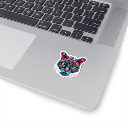 Psychedelic Cat Sticker | Rainbow Mandala Art, Trippy Neon Feline Vinyl Decor
