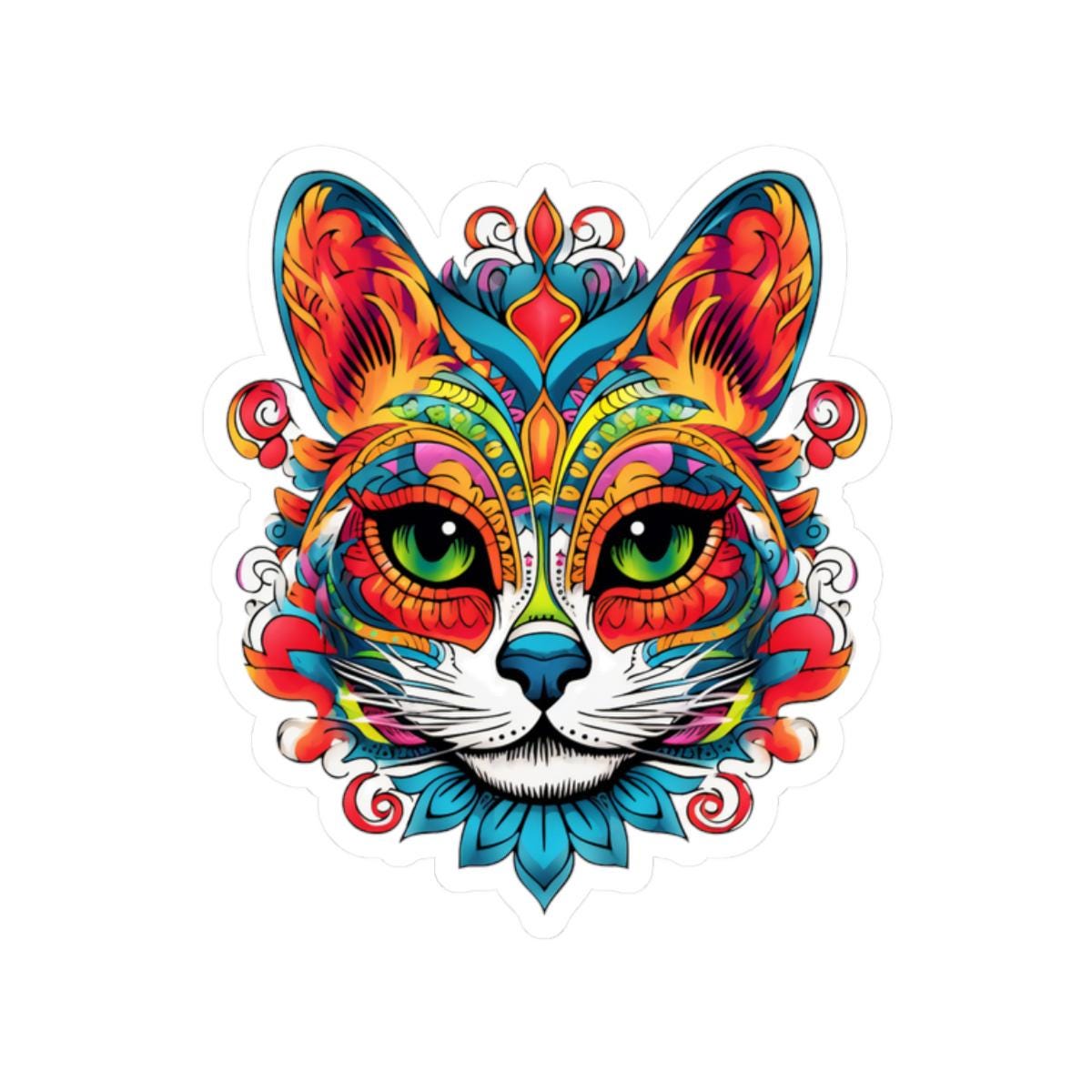 Psychedelic Cat Sticker | Mandala Floral Trippy Vinyl Decal (Waterproof)