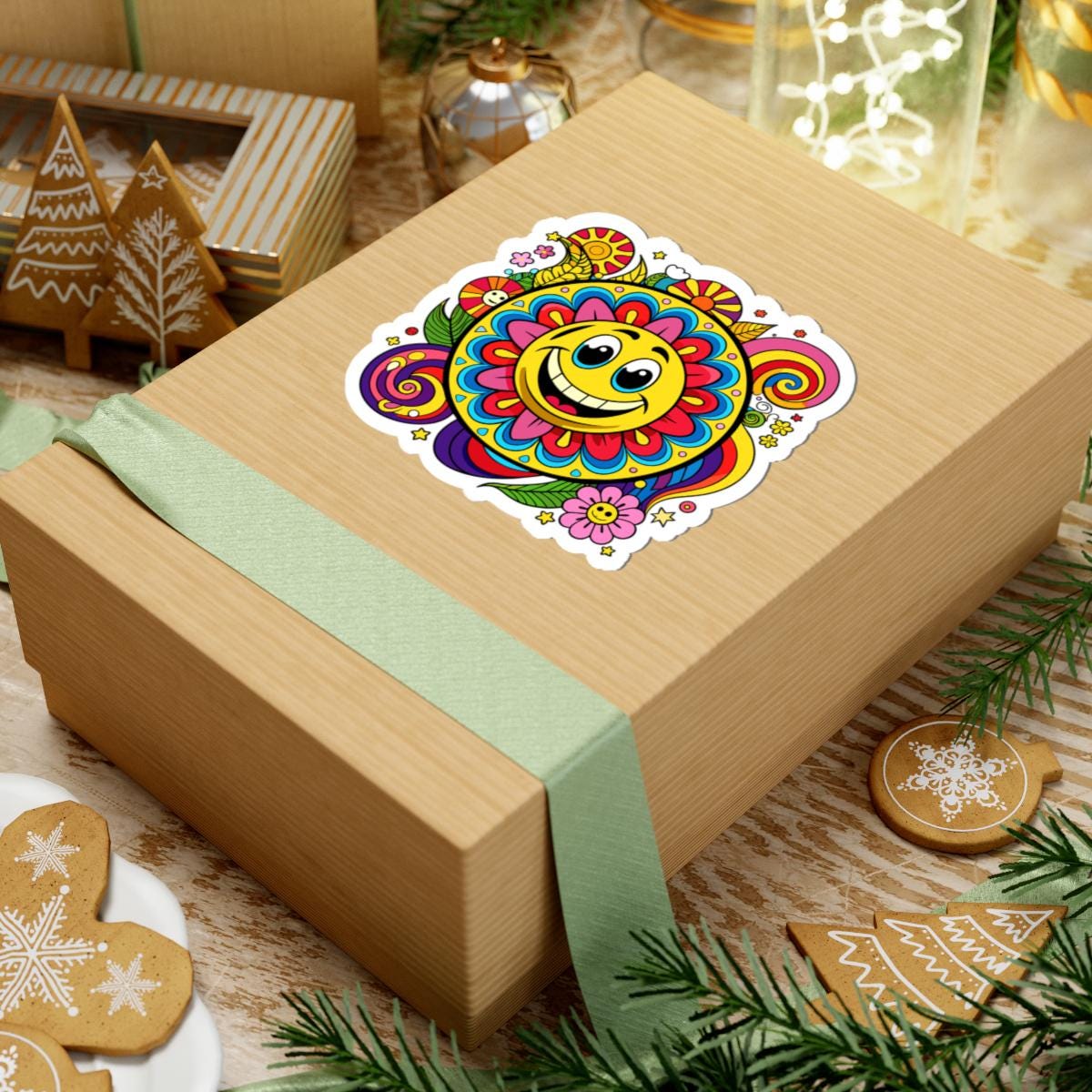 Groovy Sunflower Emoji Sticker | Retro Smiley Face Vinyl Decal, Laptop, Water Bottle Decor