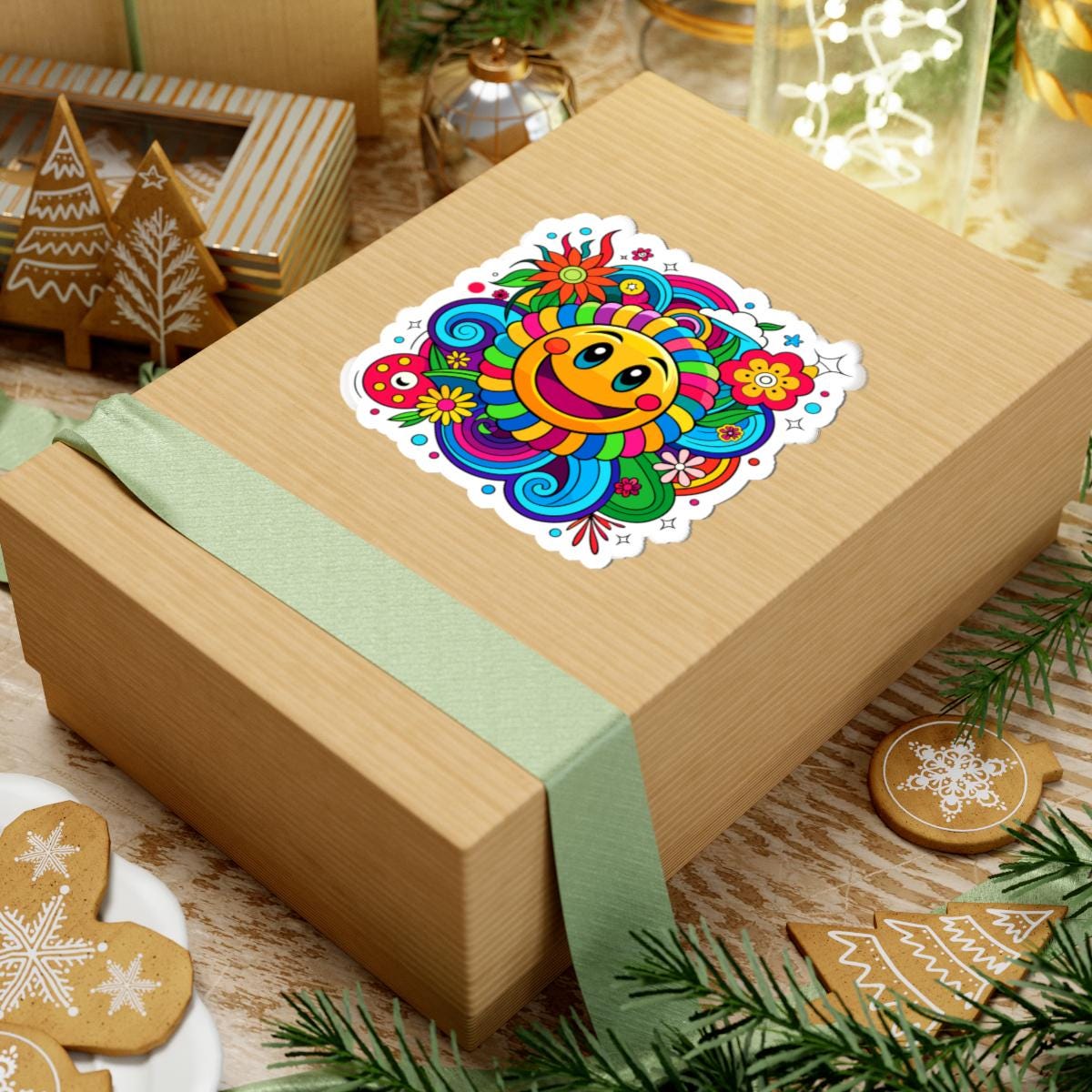 Rainbow Spiral Smiley Face Sticker | Groovy Retro Vinyl Decal (Waterproof)