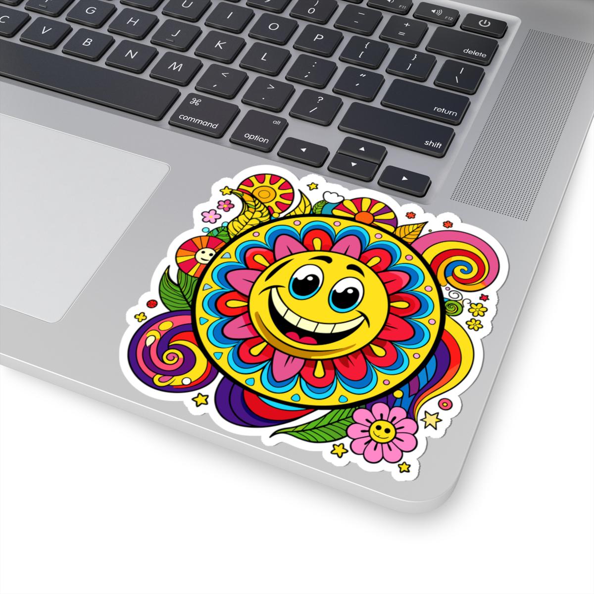Groovy Sunflower Emoji Sticker | Retro Smiley Face Vinyl Decal, Laptop, Water Bottle Decor