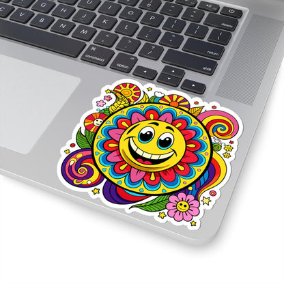 Groovy Sunflower Emoji Sticker | Retro Smiley Face Vinyl Decal, Laptop, Water Bottle Decor