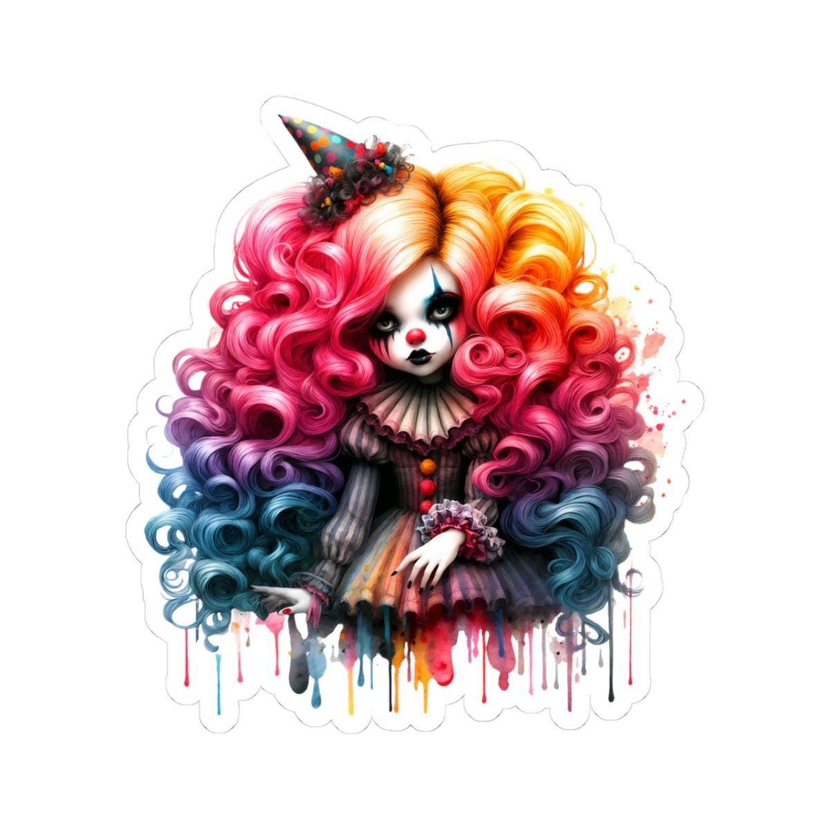 ColorFlow | Pastel Circus Doll Sticker | Rainbow Curls Creepy Cute Clowncore Art | Gothic Jester Alt Aesthetic Decal
