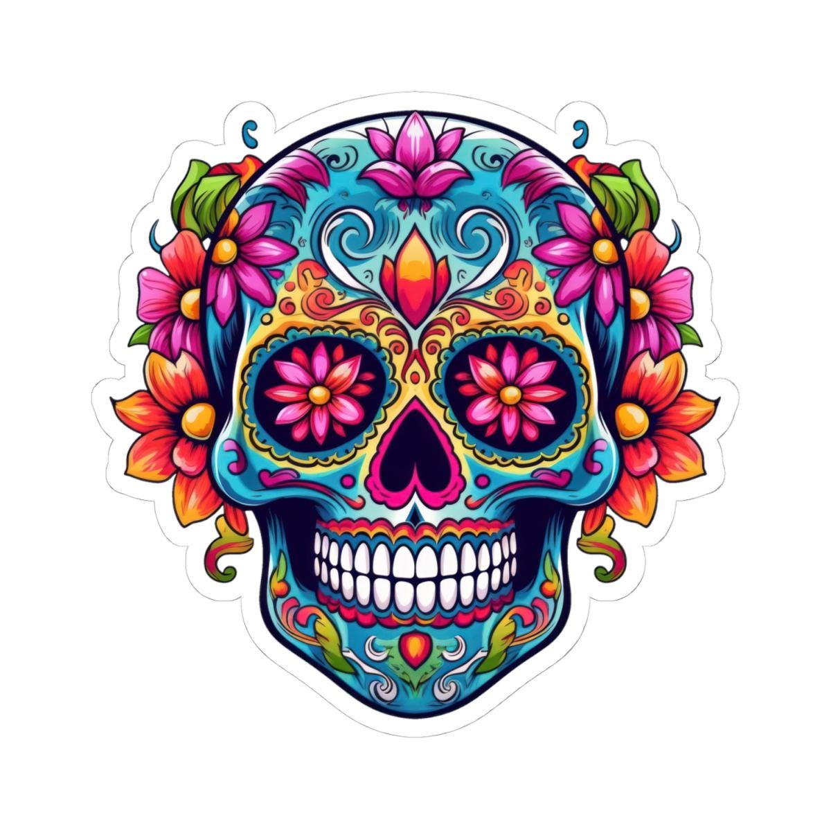 ColorFlow | Teal Sugar Skull Sticker with Floral Eyes | Dia de los Muertos Waterproof Decal | Boho Skull Art | Calavera Vinyl Sticker