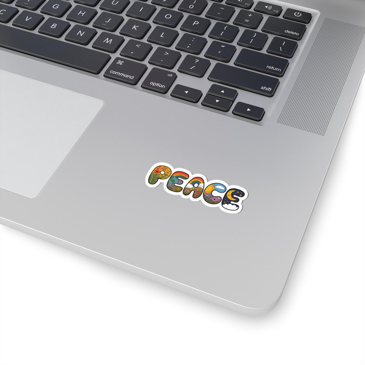 ColorFlow | Peace Word Art Sticker Groovy Hippie Retro Vinyl Decal with Rainbows Flowers Moon Earth Waterproof Glossy Kiss Cut Sticker