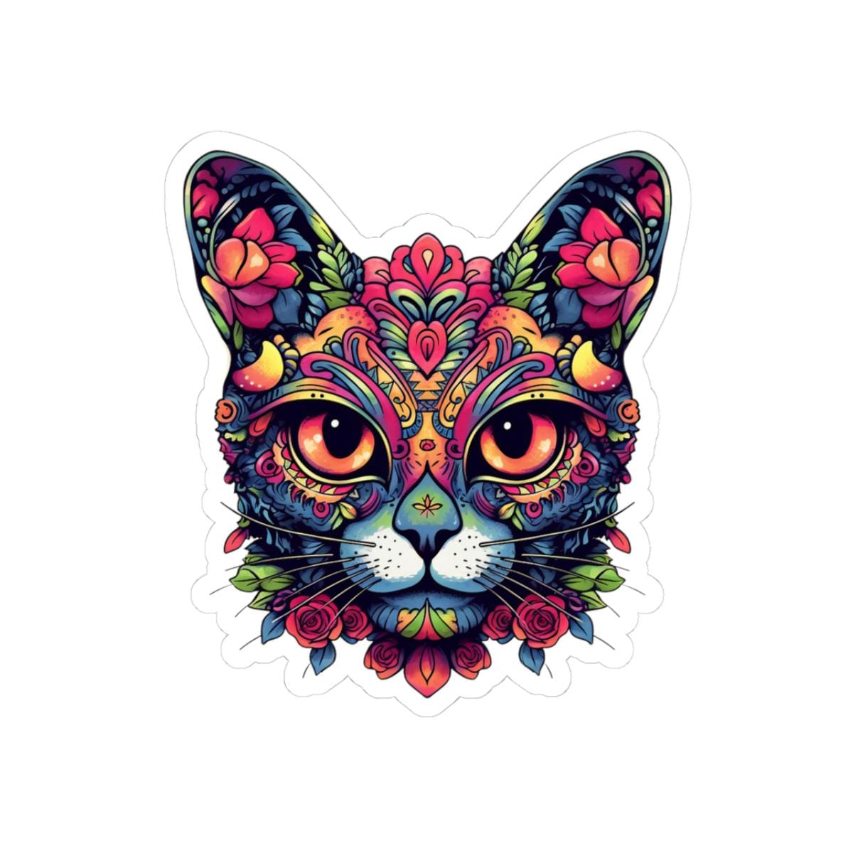 ColorFlow | Psychedelic Floral Cat Sticker with Roses and Orange Eyes | Boho Trippy Vinyl Decal for Laptop Water Bottle Journaling