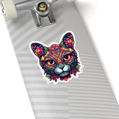 ColorFlow | Psychedelic Floral Cat Sticker with Roses and Orange Eyes | Boho Trippy Vinyl Decal for Laptop Water Bottle Journaling