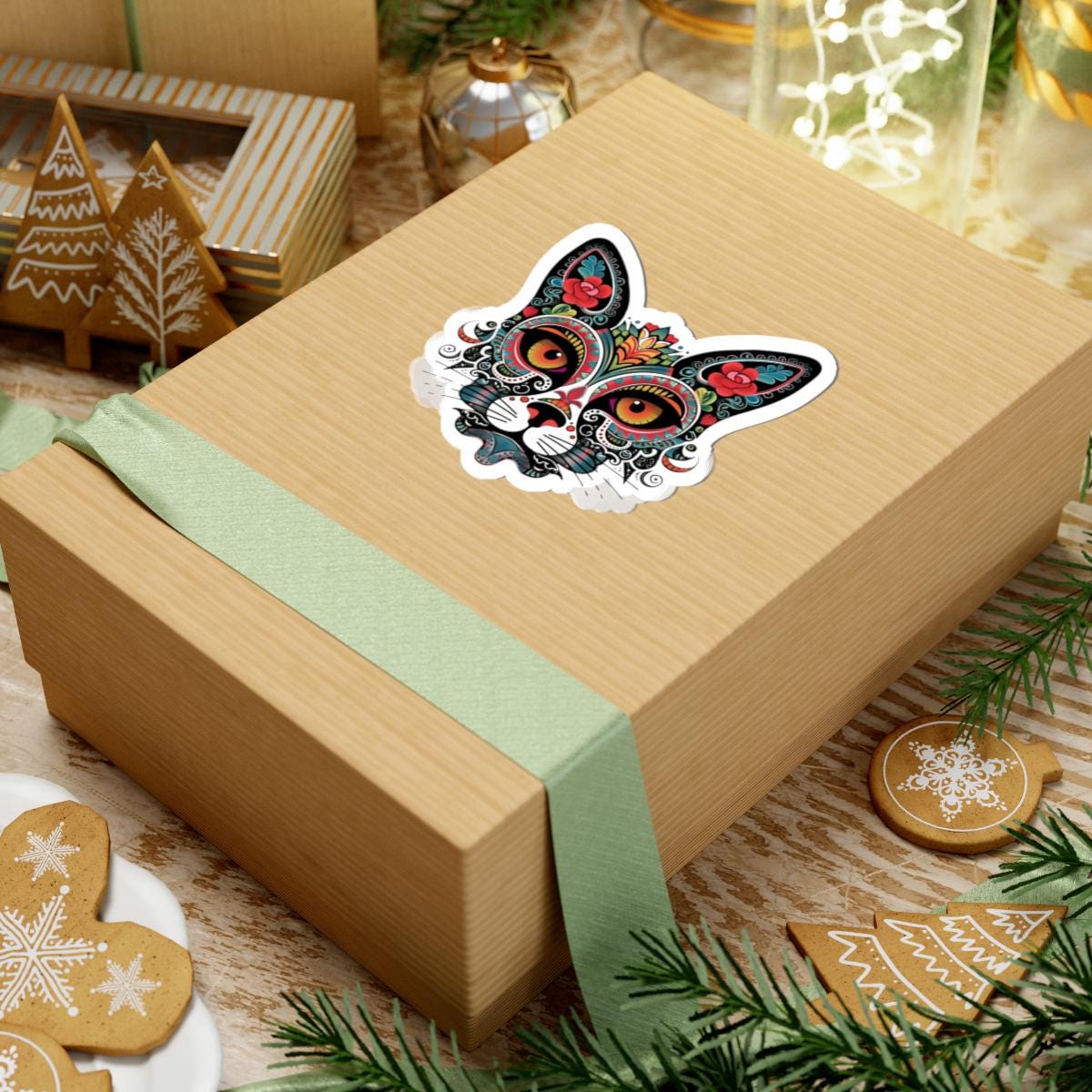 ColorFlow | Sugar Skull Cat Sticker with Floral Rose Ears and Mandala Accents | Day of the Dead Calavera Kitty Vinyl Decal