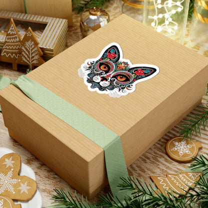 ColorFlow | Sugar Skull Cat Sticker with Floral Rose Ears and Mandala Accents | Day of the Dead Calavera Kitty Vinyl Decal