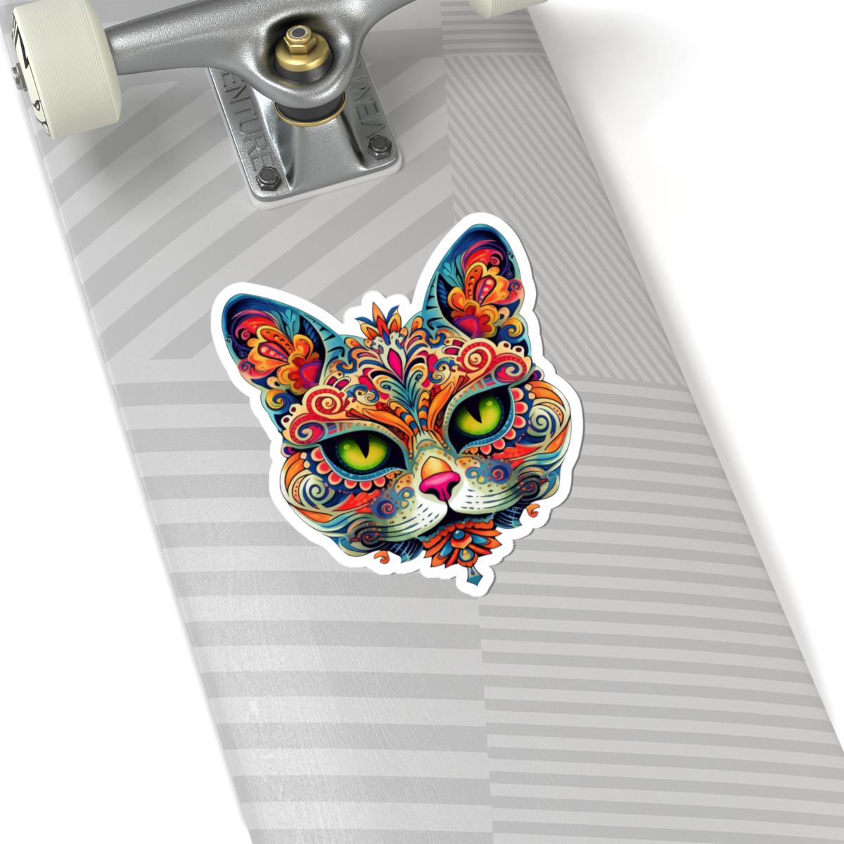 Psychedelic Mandala Cat Sticker | Vibrant Floral Trippy Vinyl Decal (Waterproof)
