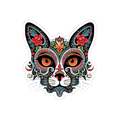 ColorFlow | Sugar Skull Cat Sticker with Floral Rose Ears and Mandala Accents | Day of the Dead Calavera Kitty Vinyl Decal
