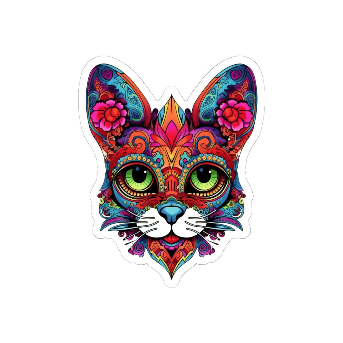 Psychedelic Floral Cat Sticker | Mandala Calavera Cat Decal, Green Eyes