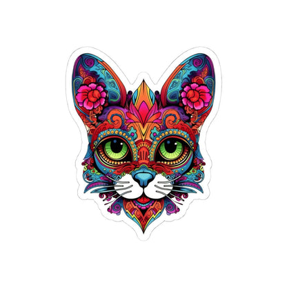 Psychedelic Floral Cat Sticker | Mandala Calavera Cat Decal, Green Eyes