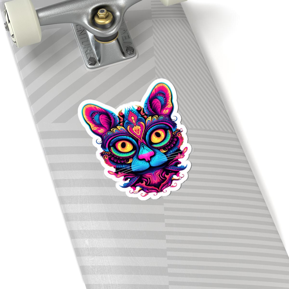 ColorFlow | Vibrant Psychedelic Cat Sticker with Neon Mandala Art | Trippy Rainbow Kitty Vinyl Decal | Mystical Boho Cat Design