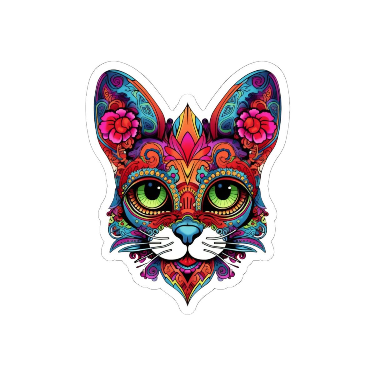 Psychedelic Floral Cat Sticker | Mandala Calavera Cat Decal, Green Eyes