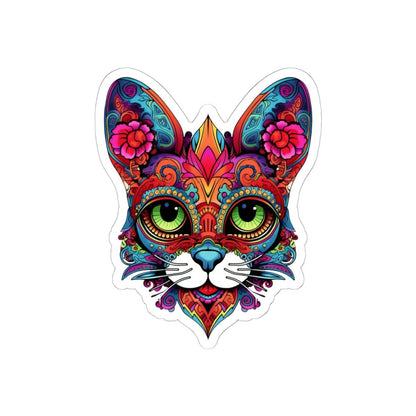 Psychedelic Floral Cat Sticker | Mandala Calavera Cat Decal, Green Eyes