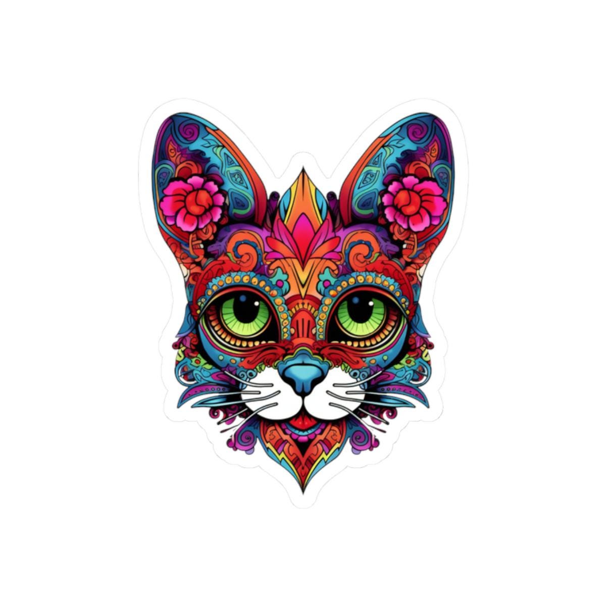 Psychedelic Floral Cat Sticker | Mandala Calavera Cat Decal, Green Eyes
