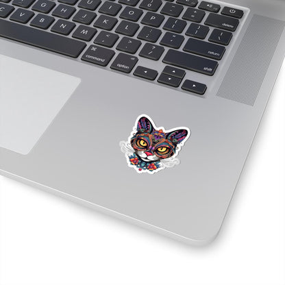 Floral Psychedelic Cat Sticker | Trippy Mandala Vinyl Decal, Yellow Eyes