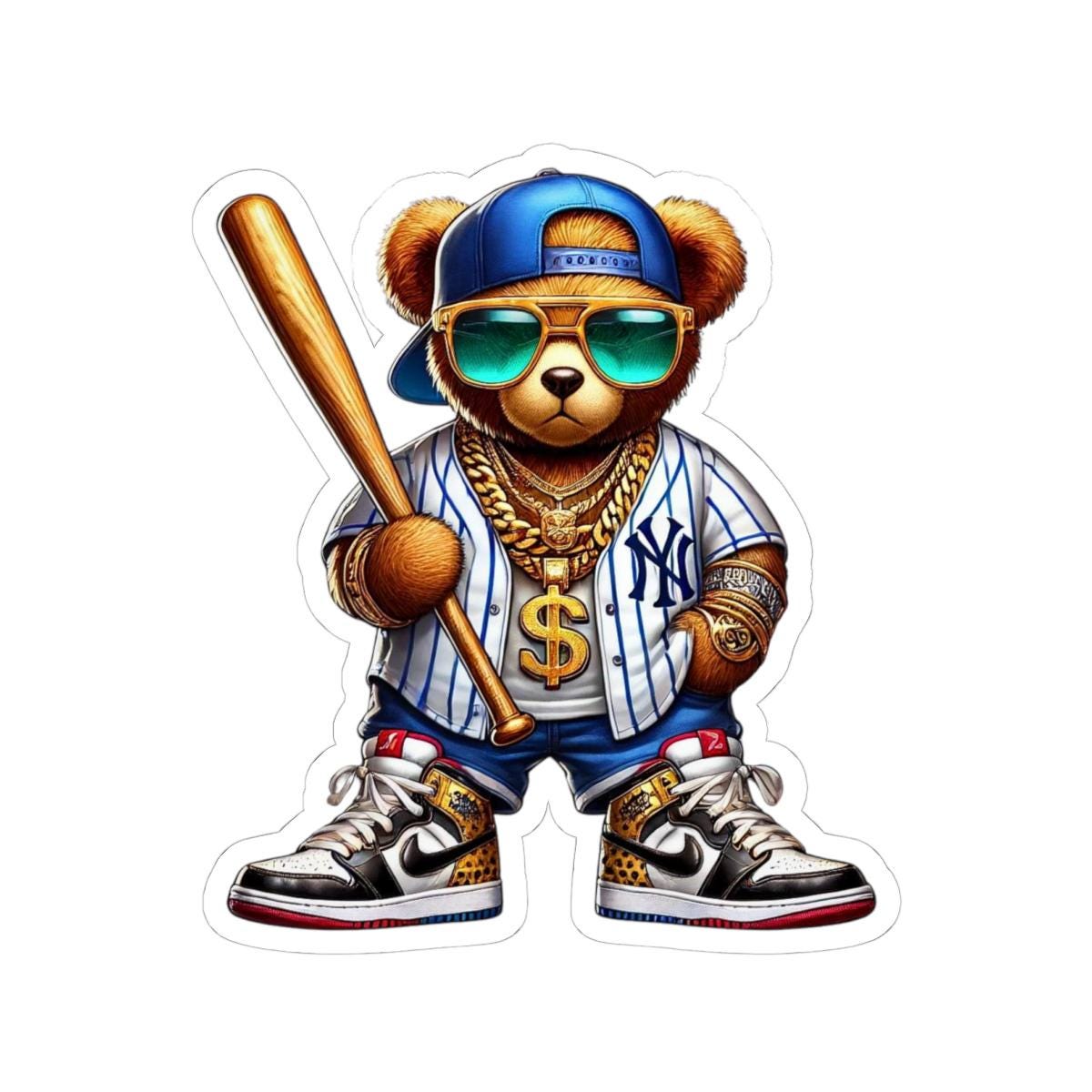 Urban Baseball Bear Sticker | Hip Hop Teddy with Bat, Chains (Kiss Cut Decal)