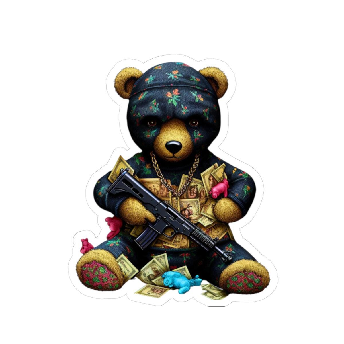 Gangsta Teddy Bear Sticker | Gold Chain, Rifle, Cash | Laptop Decal