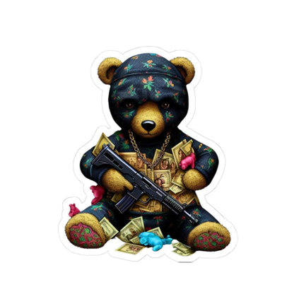 Gangsta Teddy Bear Sticker | Gold Chain, Rifle, Cash | Laptop Decal