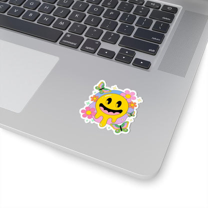 Groovy Drippy Smiley Face Sticker with Butterflies & Flowers | Retro Pastel Vinyl Decal