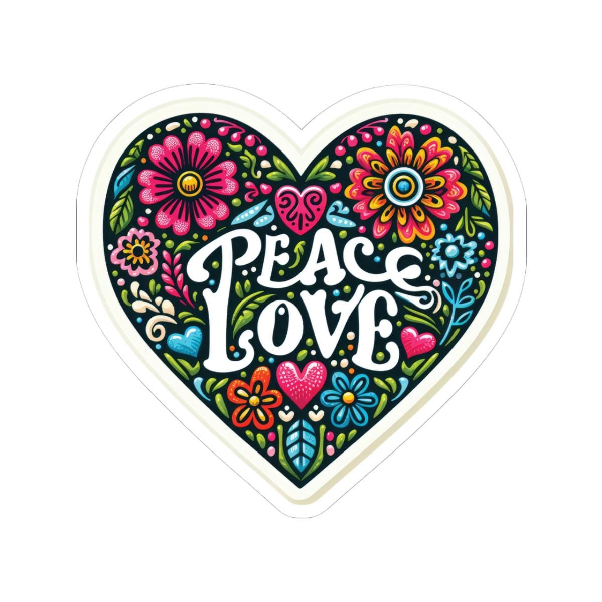 Peace Love Heart Sticker | Boho Floral Retro Vinyl Decal for Journals, Tumblers