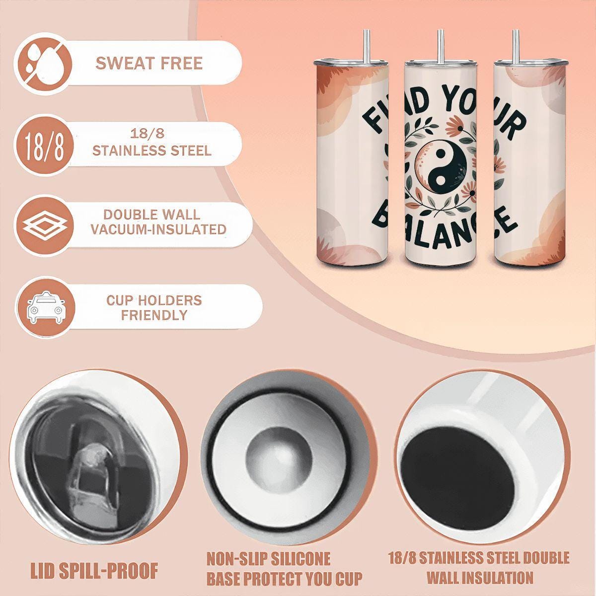 20oz Straight Stainless Steel Tumbler with Straw（Made in USA)