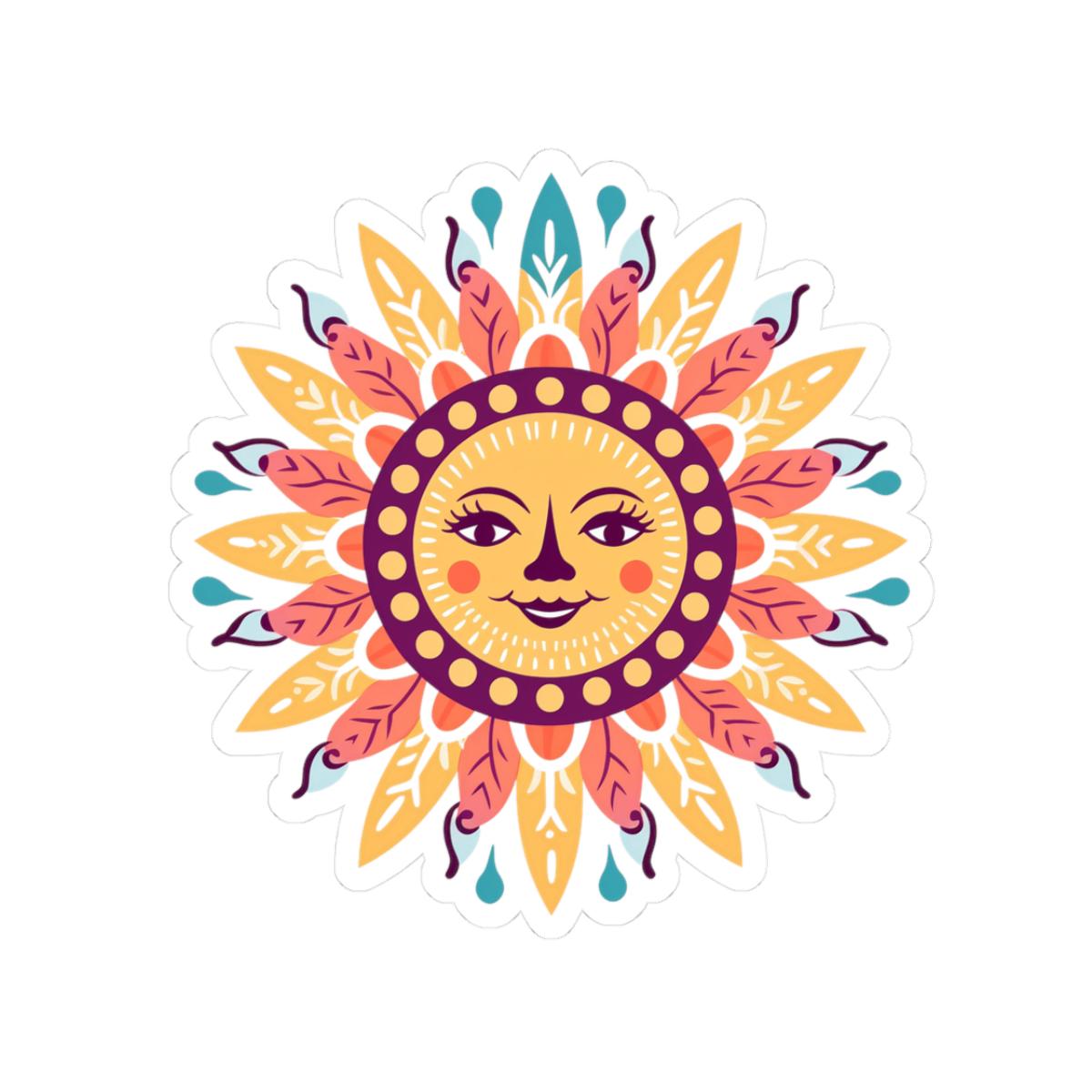 ColorFlow | Smiling Sun Mandala Sticker | Boho Hippie Celestial Vinyl Decal | Sun Face Art