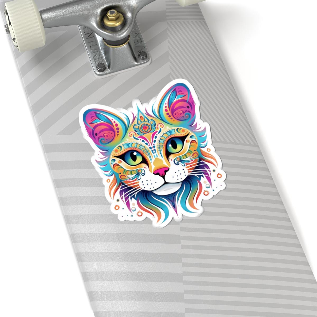ColorFlow Psychedelic Cat Face Sticker | Trippy Rainbow Kitty Head Art | Vibrant Vinyl Sticker