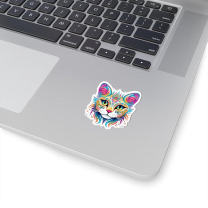 ColorFlow Psychedelic Cat Face Sticker | Trippy Rainbow Kitty Head Art | Vibrant Vinyl Sticker