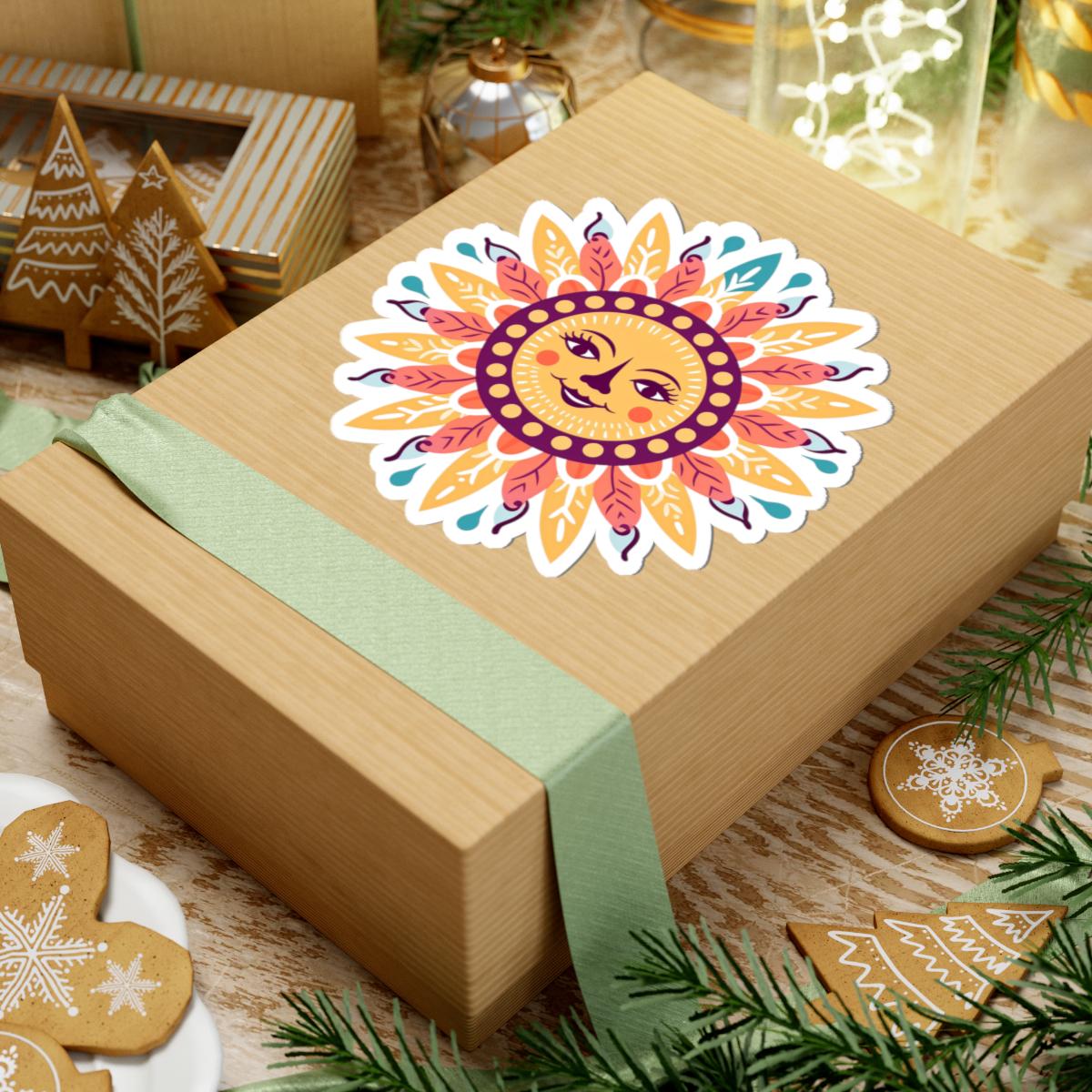 ColorFlow | Smiling Sun Mandala Sticker | Boho Hippie Celestial Vinyl Decal | Sun Face Art